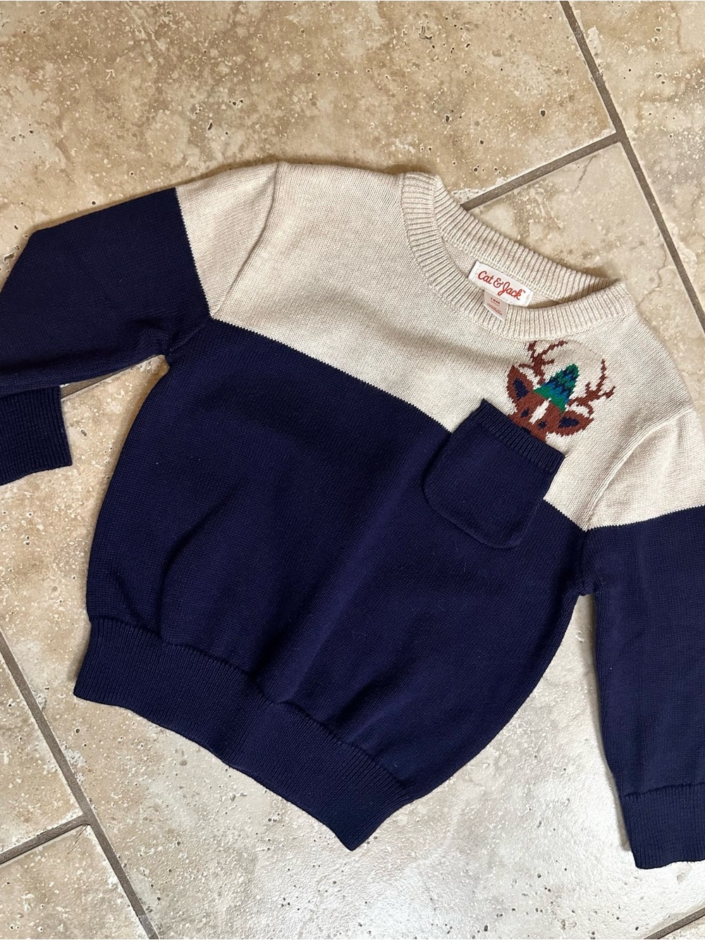 Cat & Jack Navy and Cream Colorblock Crewneck Sweater with Deer Motif